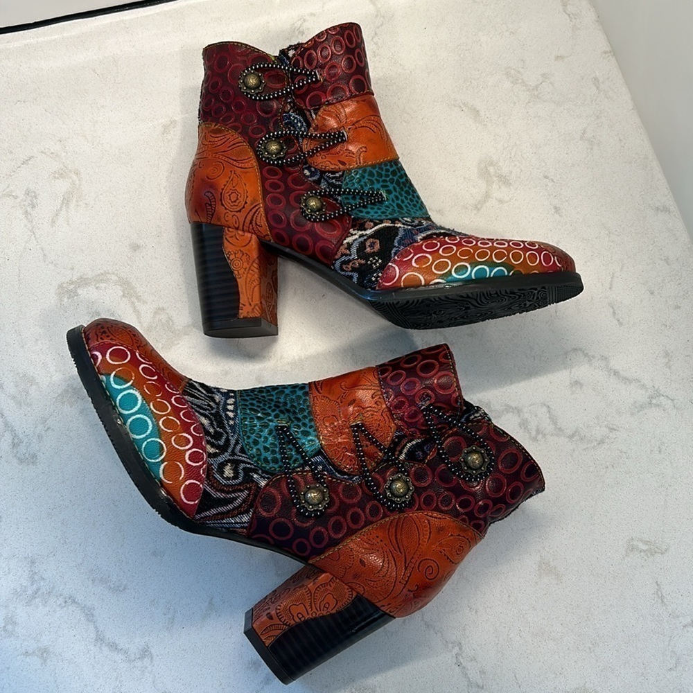 Johnature Leather Mixed Colors Boots Shoes Zip Round Toe Sewing High Heel Ankle - Picture 5 of 16